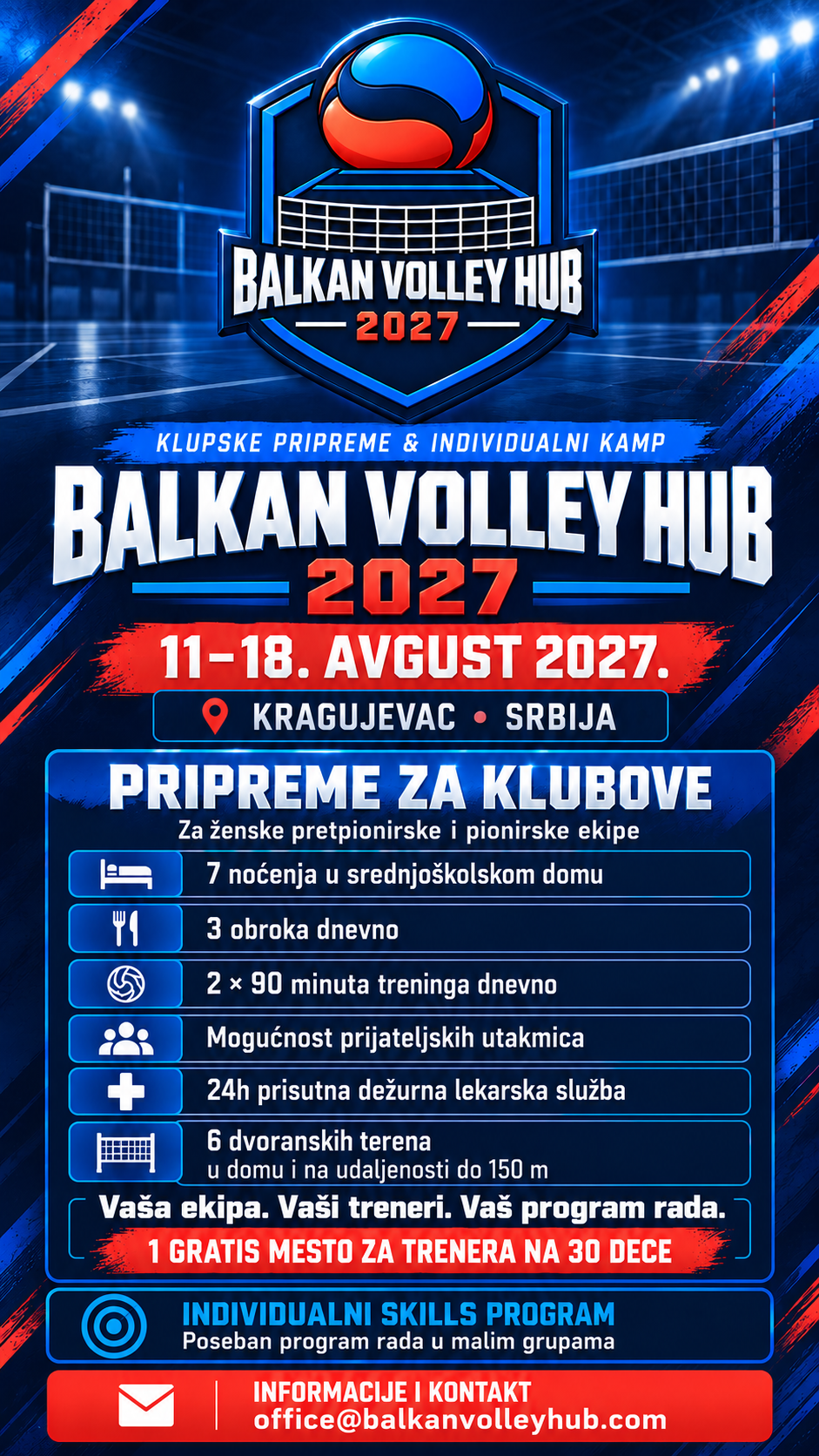 Flajer Balkan Volley Hub 2027 — klupske pripreme i individualni kamp, 11–18. avgust, Kragujevac. Sve informacije navedene su u tekstu pored flajera.